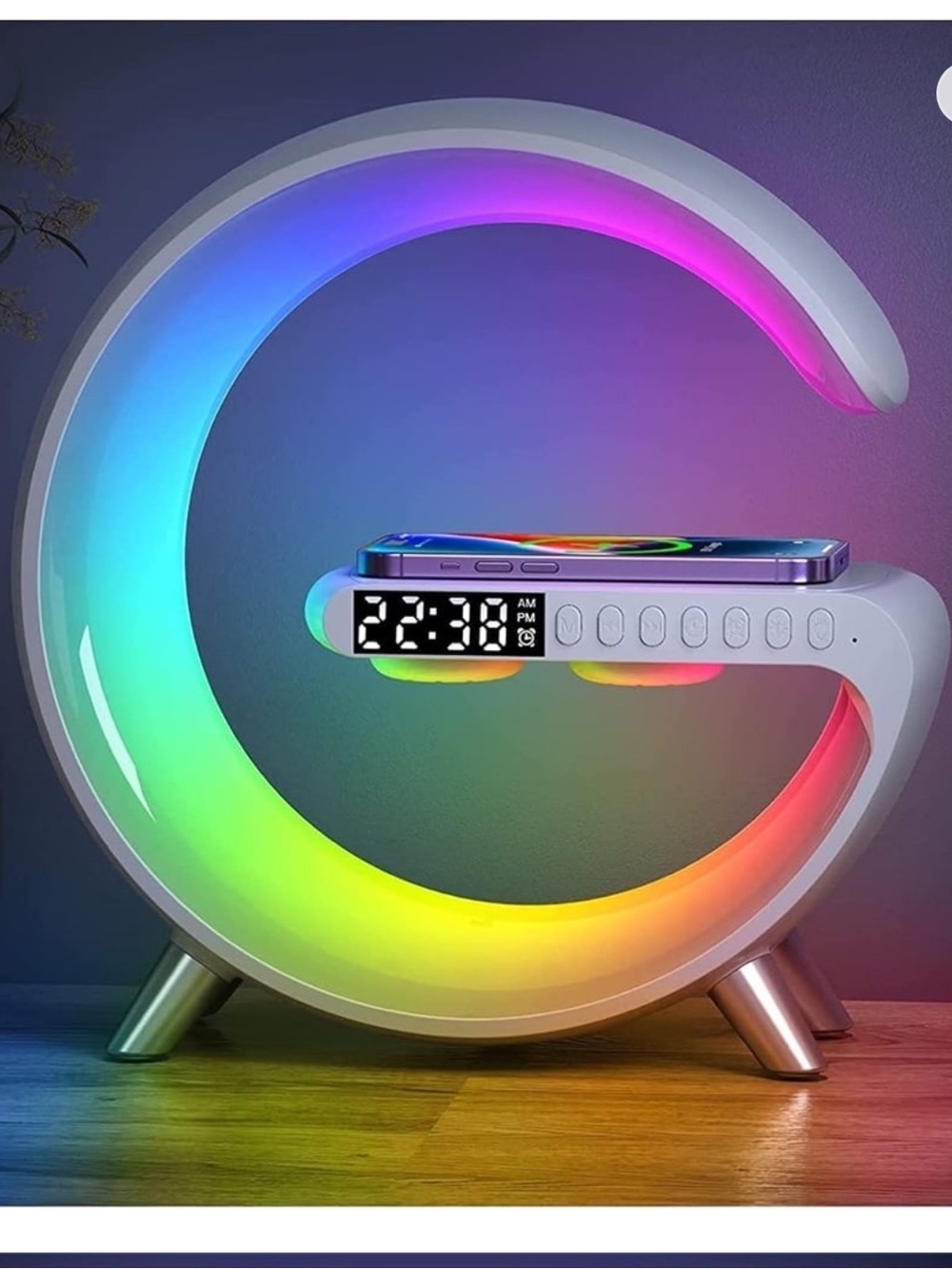 💖 New LED Rainbow G Shaped Wireless Charger Smart  Alarm Clock Speaker